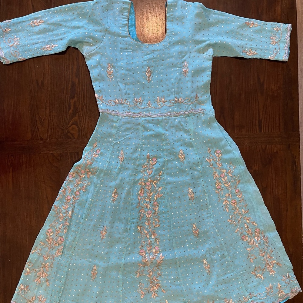 3pc Pink & Blue Indian Anarkali Suit With Salwaar - Picture 15 of 15